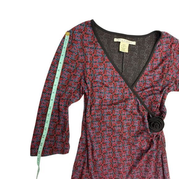 Vintage Y2K USA Max Studio Long Sleeve Faux Wrap Dress Size MP Red Blue Floral - Picture 11 of 11